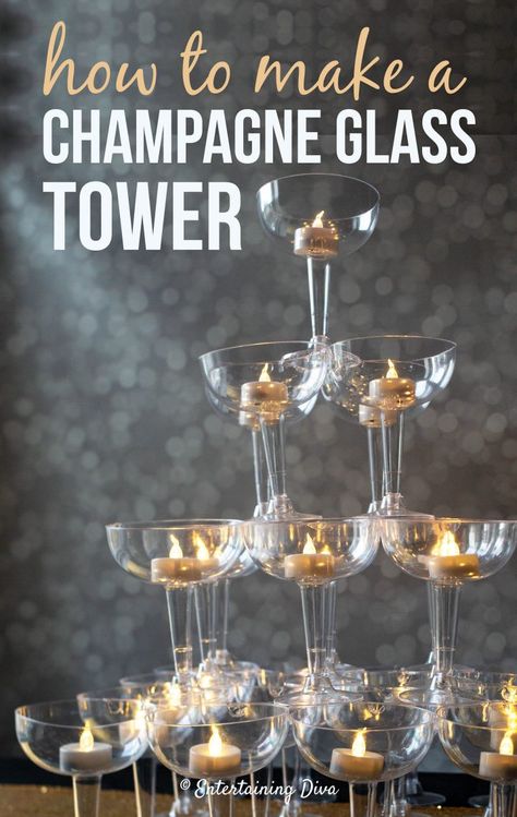 Great Gatsby Centerpieces, Gatsby Centerpieces, Champagne Glass Tower, Great Gatsby Decorations, 20s Party Decorations, Gatsby Decorations, Gatsby Birthday Party, Glass Tower, Gatsby Party Decorations