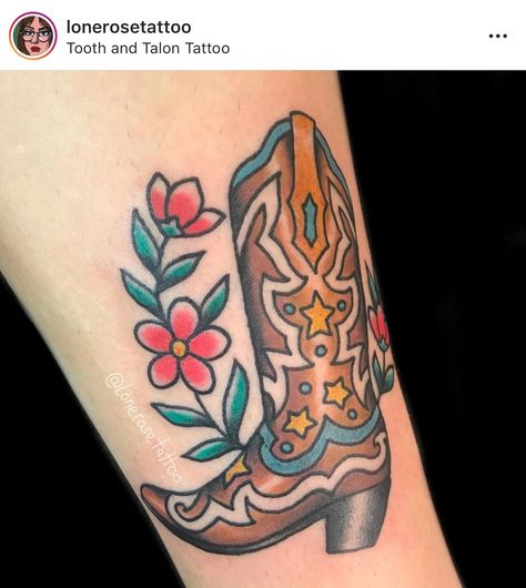 Traditional Boot Tattoo, American Traditional Cowboy Boot Tattoo, Cowboy Boot Tattoo Traditional, Cowboy Boots Tattoo, Tattoos Cowboy, Western Flash, Boots Tattoo, Alabama Tattoos, Demon Tattoos