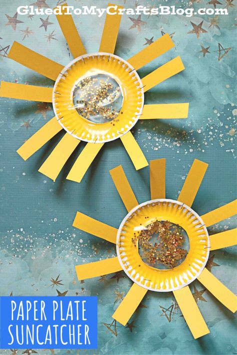 Sunshine Craft Preschool, Paper Plate Suncatcher, Preschool Sunshine Craft, Sun Art Kindergarten, Sun Name Craft, Sun And Moon Craft Preschool, Sunshine Art For Kids, Sunshine Preschool Activities, Fun In The Sun Crafts For Preschool