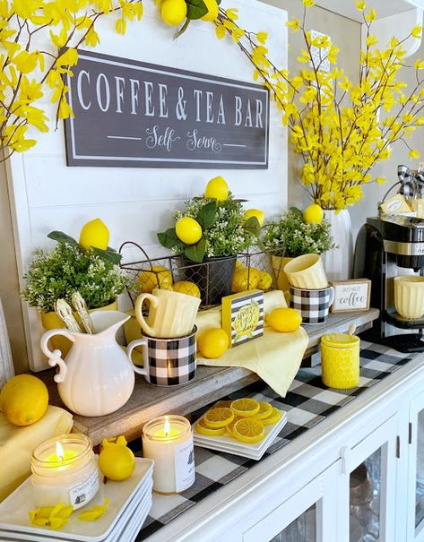 Lemon Dining Room Decor, Lemon Cafe Interior, Summer Coffee Bar Ideas, Diy Lemon Decor Kitchen, Lemon Tea Party Theme, Lemon Kitchen Decor Diy, Cafe Table Decor, Lemon Decorating, Easter Coffee Bar