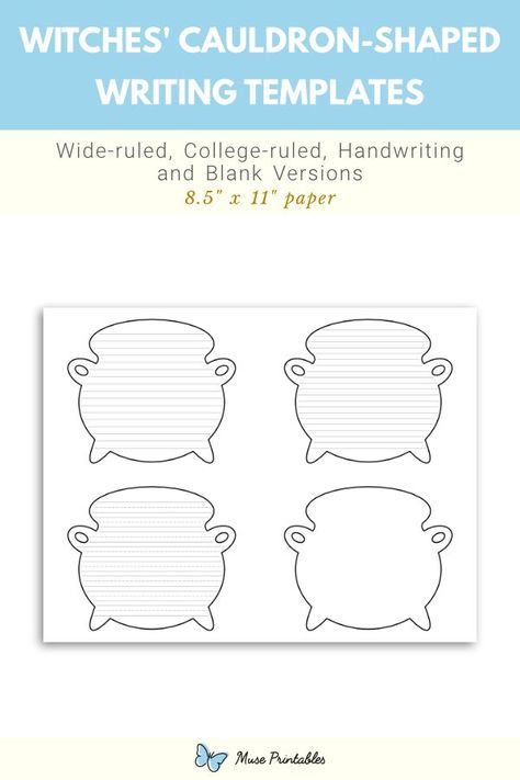 Free printable witch-cauldron shaped writing templates. This PDF download includes wide ruled, narrow ruled, handwriting, and blank versions. Download the templates at https://museprintables.com/download/writing-template/witch-cauldron-shaped/ Witch Writing, Writing Paper Template, Handwriting Lines, Writing Template, Witch Cauldron, Lined Writing Paper, Witches Cauldron, Writing Templates, Kids Writing