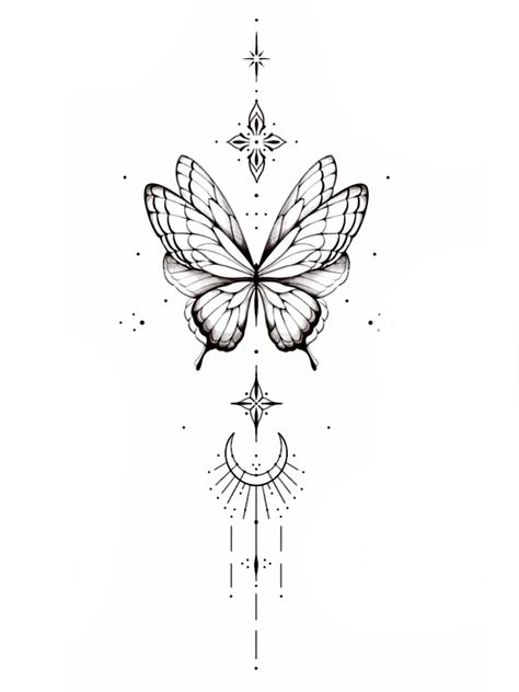 Good Forearm Tattoos, Back Tattoo Ideas Spine, Celestial Butterfly Tattoo, Ornamental Butterfly Tattoo, Fine Line Sternum Tattoo, Butterfly Tattoo Placement Ideas, Back Tattoo Ideas Female, Ornamental Butterfly, Butterfly Back Tattoo