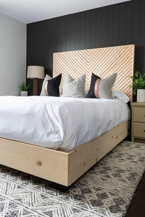 DIY Queen Headboard with Wood Slats and LED Lights | ©GarrisonStreetDesignStudio | DIY | Queen | Headboard | Wood | Slats | with lights | Affordable | DIY Queen Headboard | DIY Wood Bed | Headboard Ideas | Bed DIY | Tutorial | with LED Lights | 2x4 Bed Frame | Queen Bed Frame | Geometric | Mid Century | Boho | Storage | Bed | Pine | King | Under Bed Storage | Chevron | Homemade Headboards | Creative | Custom | Making a headboard DIY | Cool | Plans | Herringbone | Simple | Wooden | Modern 2x4 Bed Frame, Diy Wood Bed, Diy Queen Headboard, Wooden Bed Frame Diy, Bedframe Ideas, Bed Bedframe, Homemade Bed Frame, Boho Storage, Diy Headboard Wooden