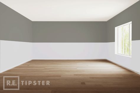 12 Cool Painting Techniques To Change The Size Of Any Room - REtipster Half Wall Color, Painted Section Of Wall, Half Gray Half White Wall, Wall Color Transition, Two Tone Painted Walls Living Room, Matching Wall And Ceiling Paint, Paint Three Quarters Wall, Painting Apartment, High Ceiling Paint Ideas