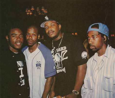 The Source Magazine, Issue #47, August 1993. Coast II Coast. “Tyrin Turner, Too Short, Ant Banks and MC Eiht hang tight at the ‘Menace II Society’ premiere party in LA.” Tyrin Turner, Mc Eiht, Menace To Society, Black Fraternities, Kappa Alpha Psi Fraternity, Greek Men, Hip Hop Classics, Old School Music, 90’s Aesthetic