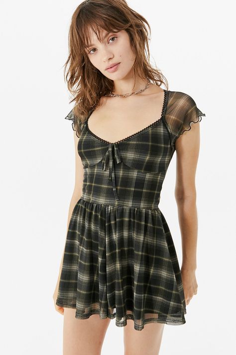 UO Millie Plaid Mesh Playsuit | Urban Outfitters UK Mesh Romper, Knit Wrap Dress, Black Playsuit, Urban Dresses, Urban Outfitters Dress, Mode Inspo, Black Romper, Fjallraven Kanken, Mesh Dress