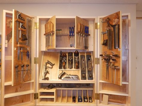 Hanging Tool Cabinet Closet With Doors, Woodworking Tool Cabinet, Workshop Cabinets, Storage Cabinet With Doors, Tool Storage Cabinets, Doors Ideas, Garage Tool Storage, Cabinet With Doors, Storage Closet