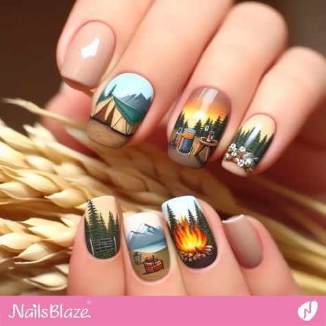 Campfire Nails, Camping Nails Designs, Camping Nail Art, Lake Nails, Painted Nails, Simple Nail Art Designs, Simple Nail, Easy Nail Art, Girl Stuff