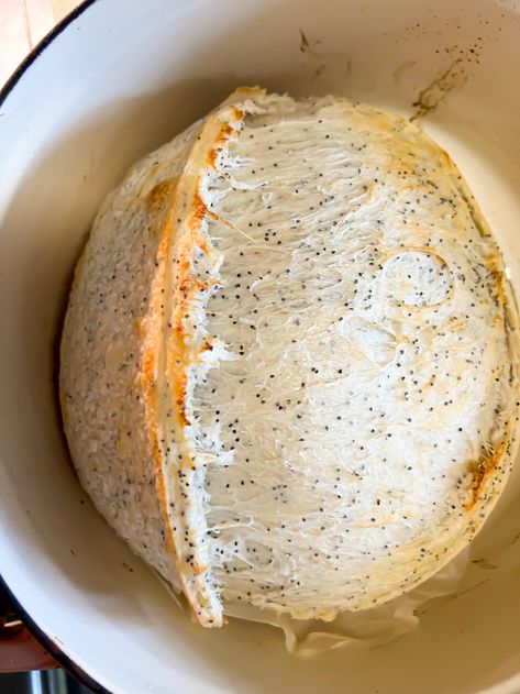 Poppy seed and lemon zest sourdough bread Lemon Poppy Seed Sourdough Muffins, Things To Add To Sourdough Bread, Lemon Poppy Seed Sourdough Bread, Sourdough Bread Additions, Sourdough Bagel Recipes, Sourdough Bread Tips, London Fog Sourdough, Oval Sourdough Bread, Lavender Sourdough Bread