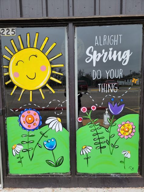 Spring window painting Window Drawing Ideas Spring, Class Window Decoration, Mother’s Day Window Painting, Window Art Classroom, Spring Window Decorations Kindergarten, April Window Art, Classroom Window Painting, Classroom Window Decoration, Classroom Window Ideas Preschool