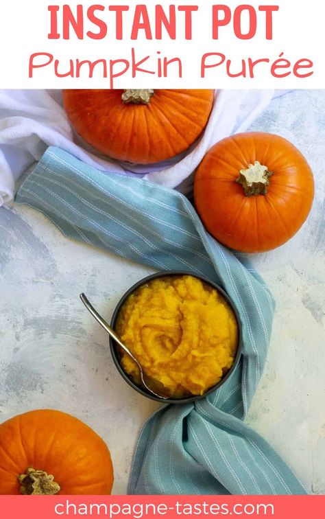 This fall, skip the canned pumpkin!  Instead, make homemade Instant Pot pumpkin purée with a sugar pumpkin!  (Make ahead and freeze for later!) Whole Pumpkin, Instant Pot Pumpkin, Pumpkin Puree Recipes, Pot Making, Frozen Pumpkin, Savory Pumpkin Recipes, Healthy Veggie, Homemade Pumpkin Puree, Champagne Taste