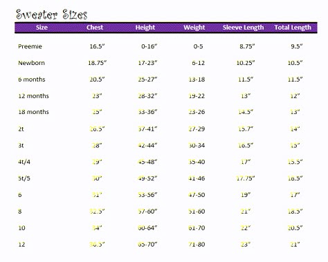 Baby & Child Sweater Sizing - The Lavender Chair - This website has various size charts for adults and children for sweaters, mittens, hats, blankets, etc. Art Evolution, Lavender Chair, The Lavender Chair, Crochet Baby Mittens, Crochet Baby Jacket, Crochet Yoke, Crochet Baby Sweater, Baby Size Chart, Crochet Romper