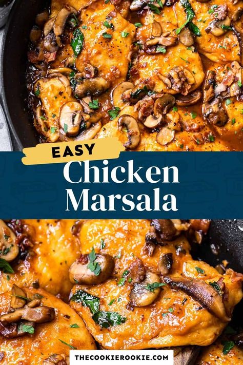 Rich and full of flavor, this chicken marsala recipe is worthy of any restaurant! Creamy with a hint of sweetness from the marsala wine, this Italian American chicken dish is perfect when you want to impress! Easy Chicken Marsala Recipe, Easy Chicken Marsala, Different Chicken Recipes, Chicken Marsala Recipe, Chicken Marsala Easy, Marsala Recipe, Marsala Chicken Recipes, The Cookie Rookie, Cookie Rookie