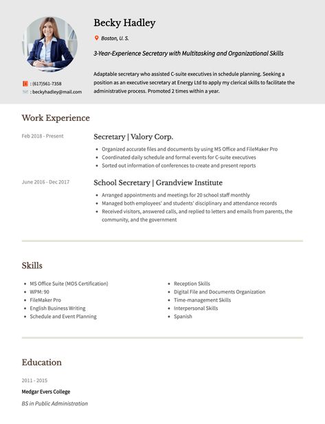 modern secretary resume example Secretary Resume, Personal Secretary, Cover Letter Tips, Resume Summary, Personal Assistant, Resume Examples, Extra Income, Work Experience, Cover Letter