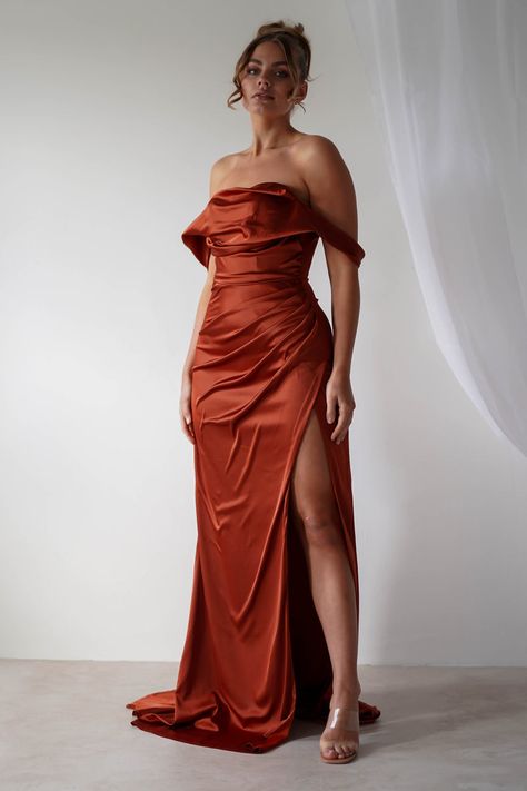 Beth Draped Silky Satin Gown | Rust Off The Shoulder Bridesmaid Dresses Hair, Soft Satin Dress, Satin Copper Bridesmaid Dresses, Rust Bridesmaid Dresses Mismatched, Red Orange Bridesmaid Dresses, Copper Formal Dress, Paprika Bridesmaid Dresses, Burnt Orange Gown, Copper Bridesmaid Dress