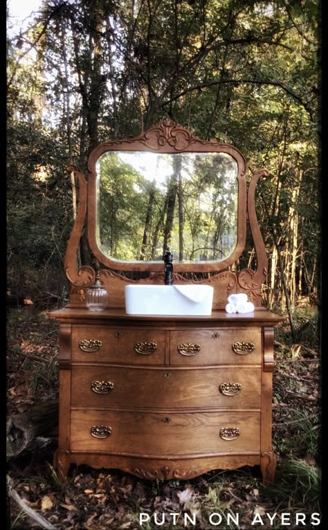 Dresser Sink Vanity, Vintage Oak Dresser, Dresser Sink, Cottagecore Interior Design, Antique Wash Stand, Dresser Vanity Bathroom, Antique Bathroom Vanity, Boho Bathroom Ideas, Vessel Sink Vanity