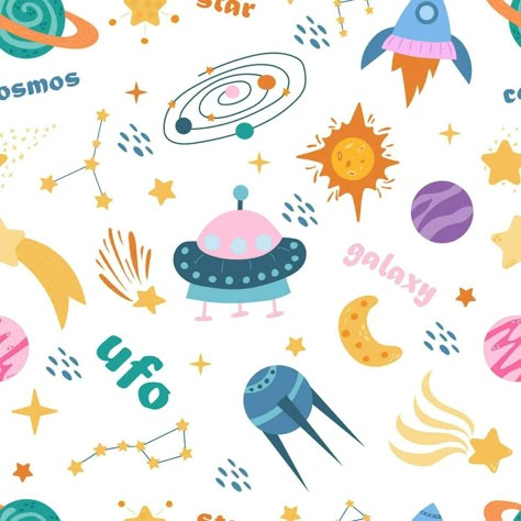 Seamless Space Monsters pattern. Elements of children's space, cute planets and aliens Space Illustration Kids, Planets Illustration, Cute Planets, Space Graphics, Illustration Face, Fashion Illustration Face, Monster Pattern, Space Kids, Pattern Elements