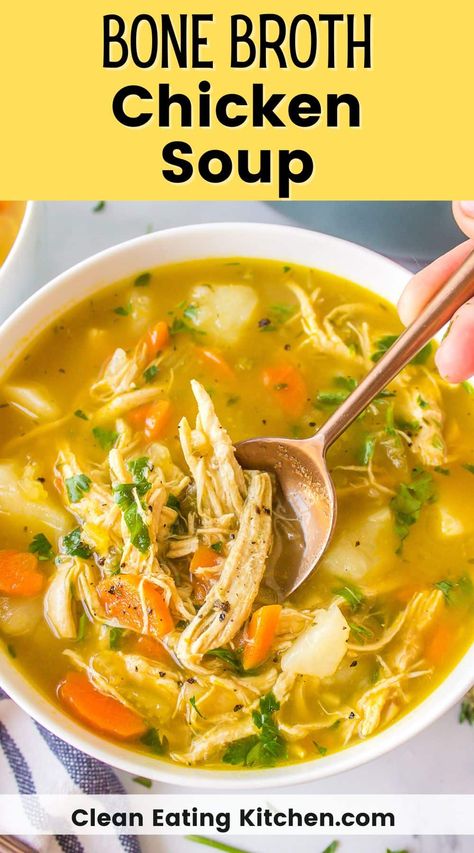 This hearty and nourishing Bone Broth Chicken Soup with vegetables and potatoes is perfect for a comforting one-pot meal. Use prepared or homemade bone broth for this delicious and flavorful soup. Broth Chicken Soup, Bone Broth Soup Recipes, Bone Broth Chicken, Clean Eating Diet Recipes, Chicken Bone Broth Recipe, Chicken Broth Soup, Soup With Vegetables, Broth Chicken, Bone Broth Soup