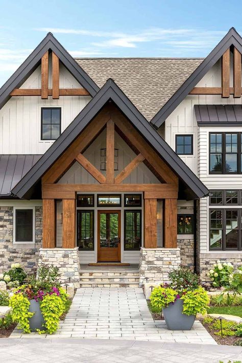 Farmhouse Exterior With Brown Roof, Modern Mountain Home Color Palette, Shakes Siding Exterior, Wood Peaks On House Exterior, Mountain Style Home Exterior, Taupe Barndominium Exterior, Khaki Exterior House Colors, Classic Exterior House Colors, Beige Board And Batten Exterior