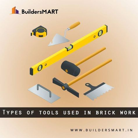 Tools for Brickworks. Various tools are used for brick laying like trowel is used to handle mortar. To check the level, verticality and right angles at corners the tools used are spirit level, plumb rule and masons square respectively. Brick Mortar Joints, Bricklaying Tools, Random Rubble Masonry, Miniature Brick Mould, Masonry Tools, Brick Mason, Brick Laying, Spirit Level, Brick Art