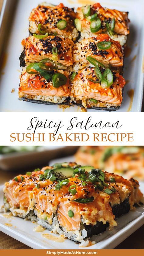 This Spicy Salmon Sushi Bake is a game changer for sushi lovers! Loaded with fresh salmon, creamy avocado, and a hint of sriracha, it's perfect for a cozy night in. Easy to prepare and bake, this dish brings all the flavors of sushi to your oven. Save this recipe for your next gathering or family dinner! Enjoy a delicious twist on sushi without the fuss. Spicy Salmon Bake, Cooked Salmon Sushi, Raw Salmon Recipes, Sushi Bake Recipe Easy, Salmon Kimchi, Salmon Sushi Bake Recipe, Salmon Sushi Bake, Sushi Bake Recipe, Baked Sushi