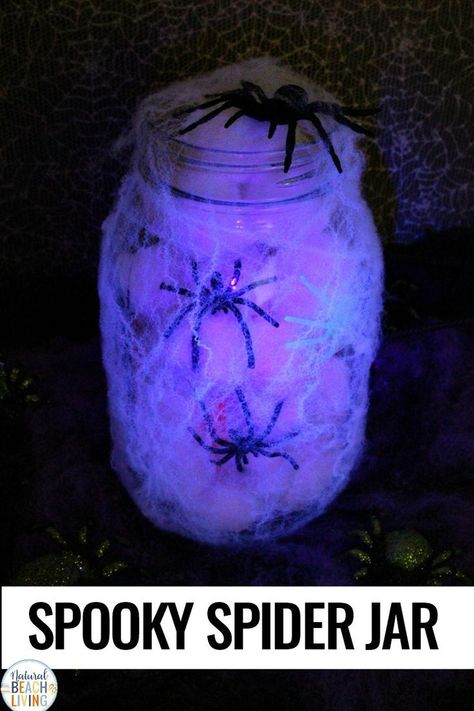 Spooky Spider Jar, Mason Jar Crafts for Halloween, Mason Jar Fall Crafts are easy to make and this Spider Jar is the perfect Mason Jar crafts for Fall, DIY this Spooky Spider Jar for your next Halloween party #Halloween #Halloweencrafts #Spidercraft #masonjarcrafts #fallcrafts #halloweendecorations Halloween Jar Crafts, Mason Jar Fall Crafts, Mason Jar Halloween Decorations, Halloween Mason Jars Diy, Halloween Cubicle, Mason Jar Halloween Crafts, Crafts For Halloween, Crafts For Fall, Fall Mason Jar Crafts