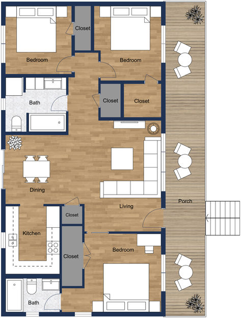 Brown and white 2D shipping container home floor plan with three bedrooms, two bathrooms, a U-shaped kitchen layout, a semi-open concept, and a large porch. Three Bedroom Two Bathroom Floor Plans, Shipping Container Bedroom Layout, Shipping Container Floor Plans 3 Bedroom, Container Home Floor Plans 40 Foot, Shipping Container Homes Plans Layout 3 Bedroom, Shipping Container Home Designs Layout, 2 Bedroom Container Home, Shipping Container Layout, Container House Layout