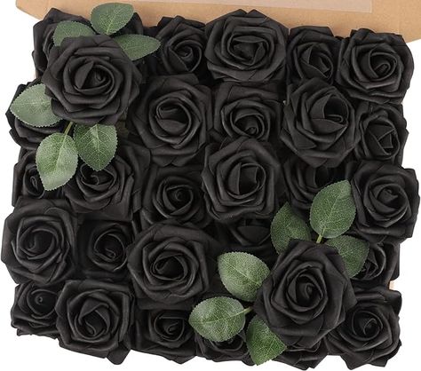 MACTING Black Roses Artificial Flowers, 30pcs Real Touch Fake Flowers with Stems, Foam Roses for Mothers Day DIY Bouquets Wedding Party Baby Shower Home Decorations (Black) Making Bouquets, Dekorasi Halloween, Kissing Balls, Cake Stand Set, Bridal Shower Centerpieces, Artificial Bouquet, Cake Flowers, Rose Stem, Foam Roses