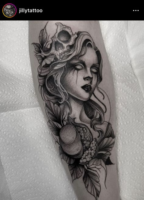 Greek Mythology Shin Tattoos, Greek Mythology Female Tattoos, Small Hades Tattoo, Persephone Portrait Tattoo, Tattoo Ideas Persephone, Persephone Statue Tattoo, Persephone Tattoo Design Greek Mythology, Medusa And Persephone Tattoo, Persephone And Cerberus Tattoo