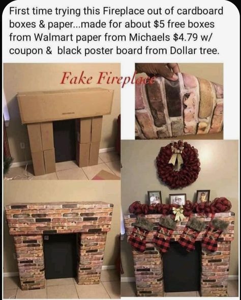 Faux Fireplace Diy Cardboard, Fake Fireplace Diy, Diy Christmas Fireplace, Easy Home Diy, Cardboard Fireplace, Fake Fireplace, Faux Fireplace Diy, Faux Fireplace, Office Christmas Decorations