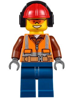 Construction Helmet, Orange Sunglasses, City Project, Safety Vest, Belt Brown, Safety Glasses, Brown Shirt, Lego Construction, Construction Worker