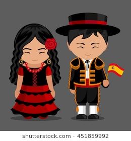 Spanish in national dress with a flag. Man and woman in traditional costume. Travel to Spain. People. Vector flat illustration. Spain National Costume, Spain People, Spanish Outfits, Costumes Around The World, World Thinking Day, Spanish Woman, National Clothes, World Party, National Dress