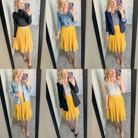 Yellow Pleated Skirt Outfit, Mustard Skirt Outfit, Yellow Skirt Outfits, Teacher Outfit Ideas, Yellow Pleated Skirt, Thrifty Fashion, Skirt Outfit Fall, Thrift Store Fashion, Mustard Skirt