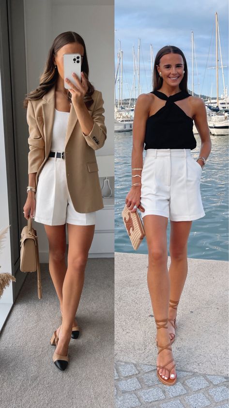 The TENCEL™ Oversized Blazer curated on LTK White Dress Shorts Outfit Classy, Summer Day Outfits Women, Elegant Shorts Outfit, Short Outfits Women, Blazer Shorts Outfit, Old Money Look, Looks Com Short, Elegant Summer Outfits, Modest Casual Outfits