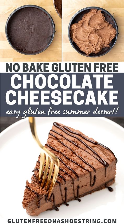 Simple Gluten Free Desserts 4 Ingredients, Gluten Free Dairy Free No Bake Desserts, No Bake Gf Desserts, No Bake Desserts Gluten Free, Gluten Free Dairy Free Cheesecake, Gf No Bake Cheesecake, Dairy Free Chocolate Cheesecake, Gluten Free No Bake Cheesecake Recipe, Healthy Chocolate Cheesecake