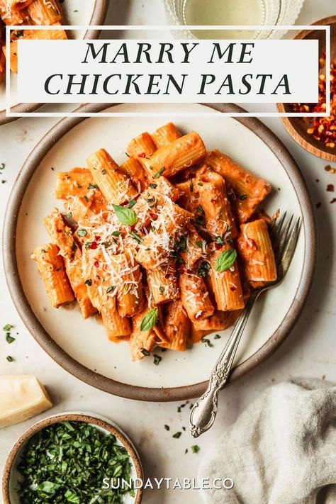 This marry me chicken pasta is an easy and delicious recipe for dinner parties or date night at home! Inspired by Tuscan chicken, this recipe has seared chicken breasts or thighs, rigatoni pasta, garlic, sundried tomatoes, and basil. The tomato cream sauce is super easy to make and comes together in one pot. This is one of my favorite recipes for Valentine's Day, parties with friends, or chilly nights. Serve this creamy chicken pasta with salad, garlic bread, and wine. It's absolutely amazing! Marry Me Rigatoni, Pasta With Salad, Marry Me Pasta, Marry Me Chicken Pasta, Pasta Garlic, Sauteed Eggplant, Bread And Wine, Marry Me Chicken, Creamy Chicken Pasta