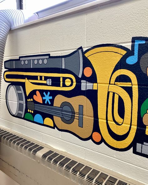 I wish I could paint all day, every day! Pics from last month's music room mural 💚💛 #muralpainting #communityart #muralartist #supportlocalartists #muralart #binghamtonny Music Wall Painting, Hallways Inspiration, School Mural Ideas, School Fence, Music Mural, School Wall Painting, Music Graffiti, Instrument Art, Music Room Art