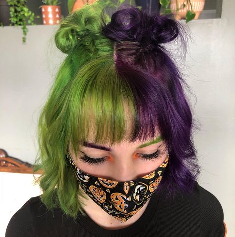 Split Dyed Hair Halloween, Green Split Dye Short Hair, Split Dye Blue And Green, Halloween Split Dye Hair, Half Orange Half Purple Hair, Hair Styles For Split Dyed Hair, Halloween Split Dye, Purple And Green Curly Hair, Split Green Hair