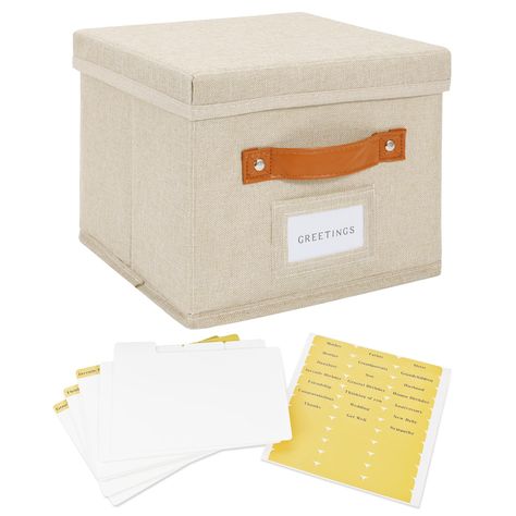 PRICES MAY VARY. 𝐃𝐄𝐂𝐎𝐑𝐀𝐓𝐈𝐕𝐄 : This greeting card organizer uses ivory fabric with orange PU leather handles to provide a stylish way to organize all your cards. Size: 9*9*7 Inch. It is practical and sophisticated, perfect for decorating your home. 𝐒𝐎𝐑𝐓𝐀𝐁𝐋𝐄 : With 12 thick dividers, 21 label stickers and 15 blank writable stickers make it an assortment box that is perfect for keeping all kinds of cards sorted and organized. 𝐋𝐎𝐍𝐆 𝐋𝐀𝐒𝐓𝐈𝐍𝐆 : This organizer uses cationic Greeting Card Organizer, Greeting Card Storage, Entry Storage, Storage Box With Lid, Ivory Fabric, Label Stickers, Storage Boxes With Lids, Card Organizer, Organiser Box