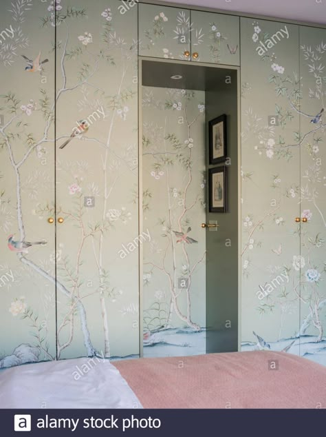 Wardrobe With Wallpaper Closet Doors, Wallpapered Wardrobe Doors, Wardrobe Wallpaper Ideas, Wallpaper On Wardrobe Doors, Wallpapered Wardrobe, Wallpaper Wardrobe Doors, Wardrobe Wallpaper, Wallpaper Wardrobe, Hidden Wardrobe