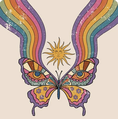 Retro Butterfly Art, Rainbow Butterfly Painting, Trippy Butterfly Art, Trippy Butterfly Painting, Hippy Butterfly, Boho Drawing Hippie Art, Hippie Art Ideas Simple, Mariposas Aesthetic, Hippie Illustration