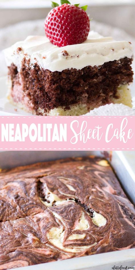 This homemade Neapolitan Sheet Cake recipe has swirls of vanilla cake, chocolate cake, and strawberry cake. This Neapolitan Cake is topped with the creamiest Whipped Cream Cheese Frosting, making this cake totally irresistible! Neapolitan Cake, Sheet Cake Recipe, Whipped Cream Cheese Frosting, Cream Cheese Frosting Cake, Sheet Cake Recipes, Sheet Cakes, Whipped Cream Cheese, Köstliche Desserts, Cake Chocolate