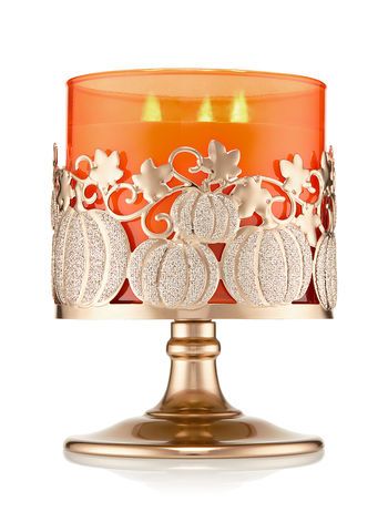 This one is cute. Pumpkin Vine Pedestal 3-Wick Candle Holder - Bath And Body Works Glittery Pumpkins, Fall Candle Holders, Pumpkin Vine, Three Wick Candle, Candle Pedestal, Bath Body Works Candles, Fall Candle, 3 Wick Candle, Candle Sleeves