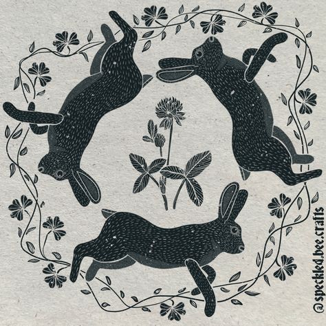 Childrens book illustration of three rabbits that appear to be hopping in a circle around a clover plant. Three Rabbits Symbol, Jumping Hare Illustration, Leaping Hare Illustration, Rabbit Running, Three Rabbits, Medieval Rabbit Art, Crimson And Clover, Rabbit Moon Illustration, Rabbit Jumping