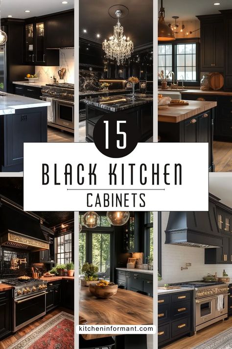 Black Kitchen Cabinets: A Guide to Stylish and Timeless Designs - Kitchen Informant Black Glass Front Kitchen Cabinets, Black Stained Cabinets Kitchen, Black Cabinets In Kitchen, Black Kitchen Walls, Black Kitchen Cabinets White Countertops, Black And Wood Kitchen Cabinets, Black Cabinets Kitchen, Black Lower Cabinets, Coastal Cottage Kitchen