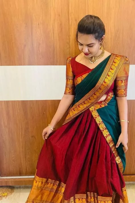 Paavadai Satai Women, Blouse Back Neck Designs For Half Saree, Green Pattu Lehenga Half Saree, Blue Half Saree Designs, Langa Voni Blouse Designs Latest, Half Sarees Latest Designs For Wedding, Simple Langa Voni Half Saree, Half Saree Neck Designs, Traditional Half Saree Blouse Designs