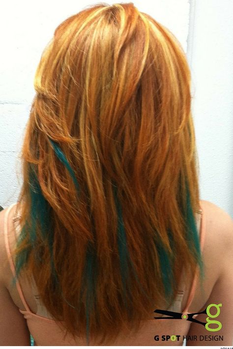 Tons of Ginger and Teal green pinch braids to add color without chemicals! http://gspothairdesign.com/ Ginger And Coloured Hair, Red Green Hair Color, Red Hair Green Highlights, Ginger With Colored Streaks, Copper Teal Hair, Ginger Hair With Green Highlights, Ginger Hair With Blue Streaks, Ginger And Teal Hair, Red Hair With Green Highlights