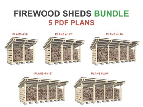 Firewood Shed Plans Bundle / 5 PDF Blueprints Woodshed Plans - Complete woodworking DIY plans to build or do it yourself a wood storage shed with sturdy wood timbers. Looking for some DIY firewood shed plans? We have the perfect blueprints that will make your outdoor space more ergonomic, with storage capacity and from 1 to 4 cords ready to go inside. This step by step woodworking PDF Bundle can be printed out on any size sheet you like - just adjust accordingly! The woodworking DIY firewood she Diy Firewood Shed, Firewood Shed Plans, Wood Storage Shed, Shed Blueprints, Carport Plans, Wood Shed Plans, Firewood Shed, Diy Projects Plans, Diy Chicken Coop Plans