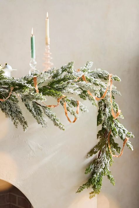 Faux Flocked Pine Garland | Terrain Diy Flocked Garland, Flocked Garland Mantle, Framing Doorway, Flocked Garland, Pine Boughs, Dried Wreath, Snowy Scene, Winter Woods, Evergreen Wreath