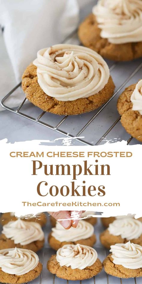 These soft Pumpkin Cookies with Cream Cheese Frosting are a quick and easy fall cookie recipe. The tangy cream cheese frosting pairs perfectly with the sweet pumpkin flavor and chewy texture. #thecarefreekitchen #pumpkin #pumpkincookies #creamcheese #frosting #fall #baking #cookies #dessert Pumpkin Cookie Cream Cheese Frosting, Cream Cheese Frosted Pumpkin Cookies, Cookies Recipes Cream Cheese, Cake Pumpkin Cookies, Pumpkin And Cream Cheese Cookies, Drop Pumpkin Cookies, Sugar Cookie With Cream Cheese Frosting, Pumpkin Cookie With Cream Cheese Icing, Icing For Pumpkin Cookies